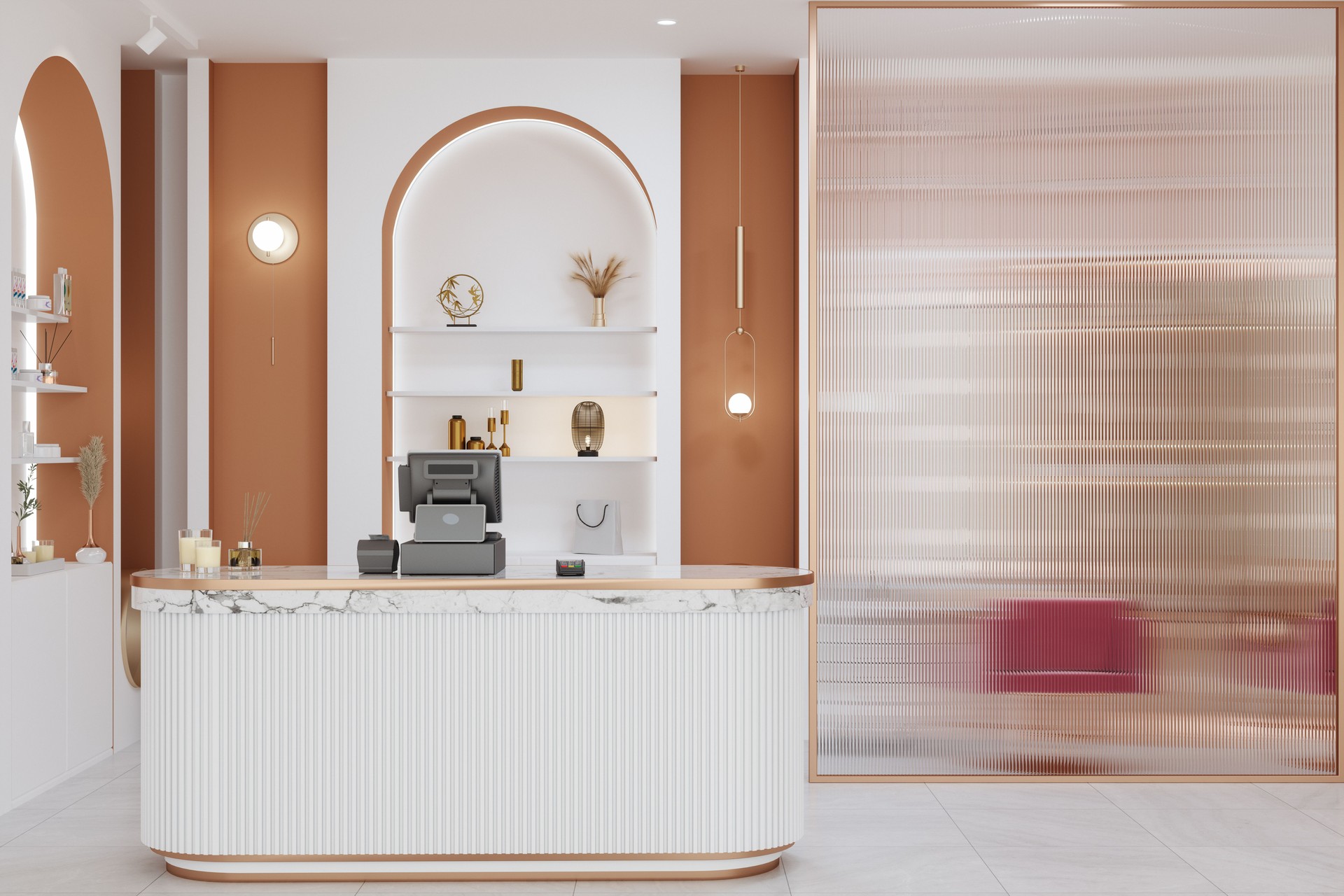 Reception Area Of Beauty Salon With Reception Desk, Cash Register, Decorative Objects And Marble Floor