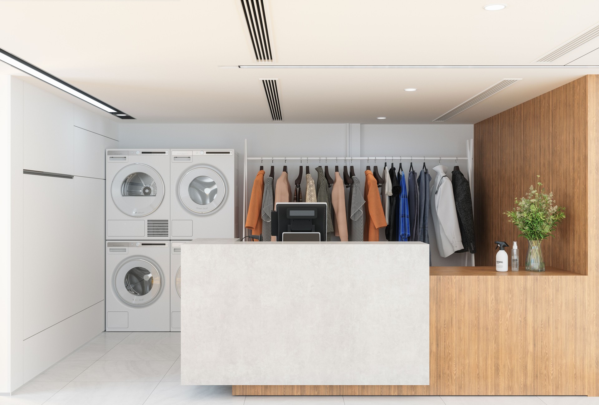 Dry Cleaner Shop With Washing Machine, Dryer And Clothing On Hanger