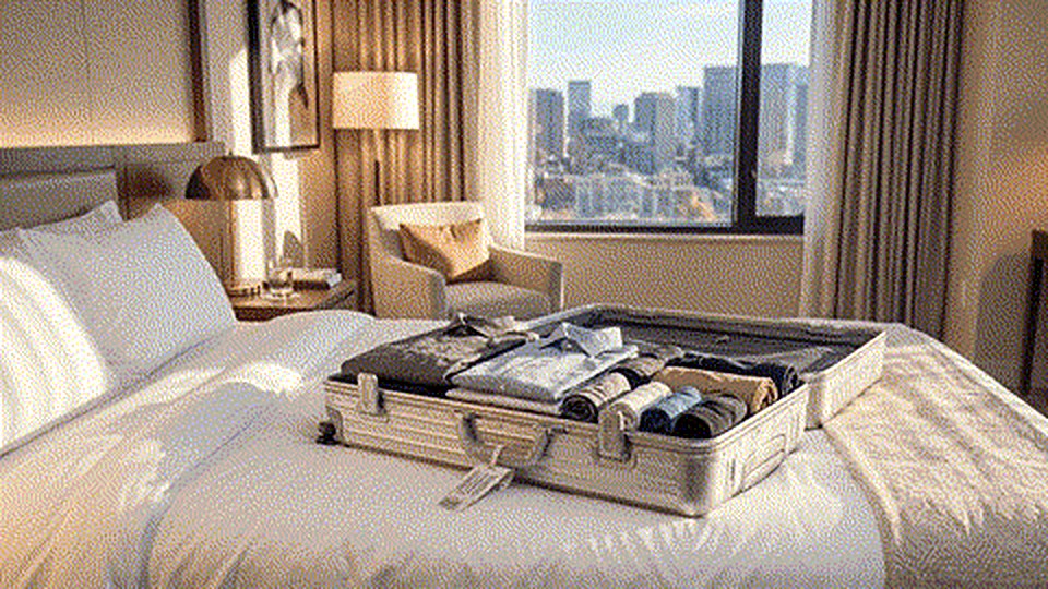 A packed suitcase of freshly washed, neatly folded laundry, ready to travel